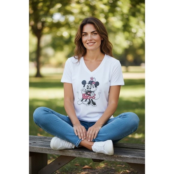 Disney‎ Women's M White V-Neck T-Shirt Mickey Minnie Mouse Graphic Short Sleeve - Picture 3 of 13